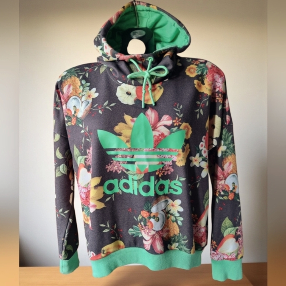 Adidas Multicolor Fruit & Flower Oversized Hoodie with Vibrant Green Logo Size S
